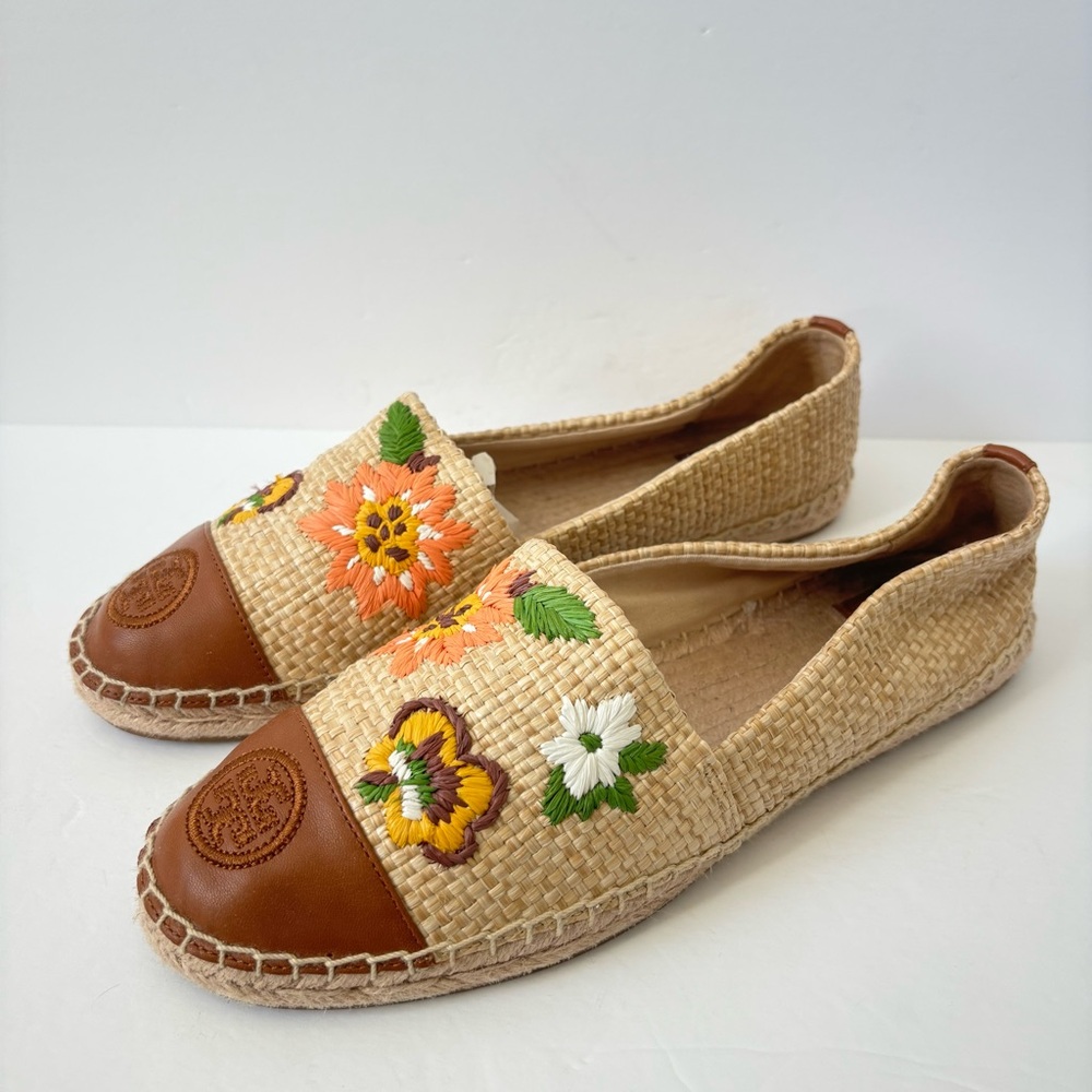 Tory Burch Color Block Leather Straw Embroidered Espadrille Flats 9